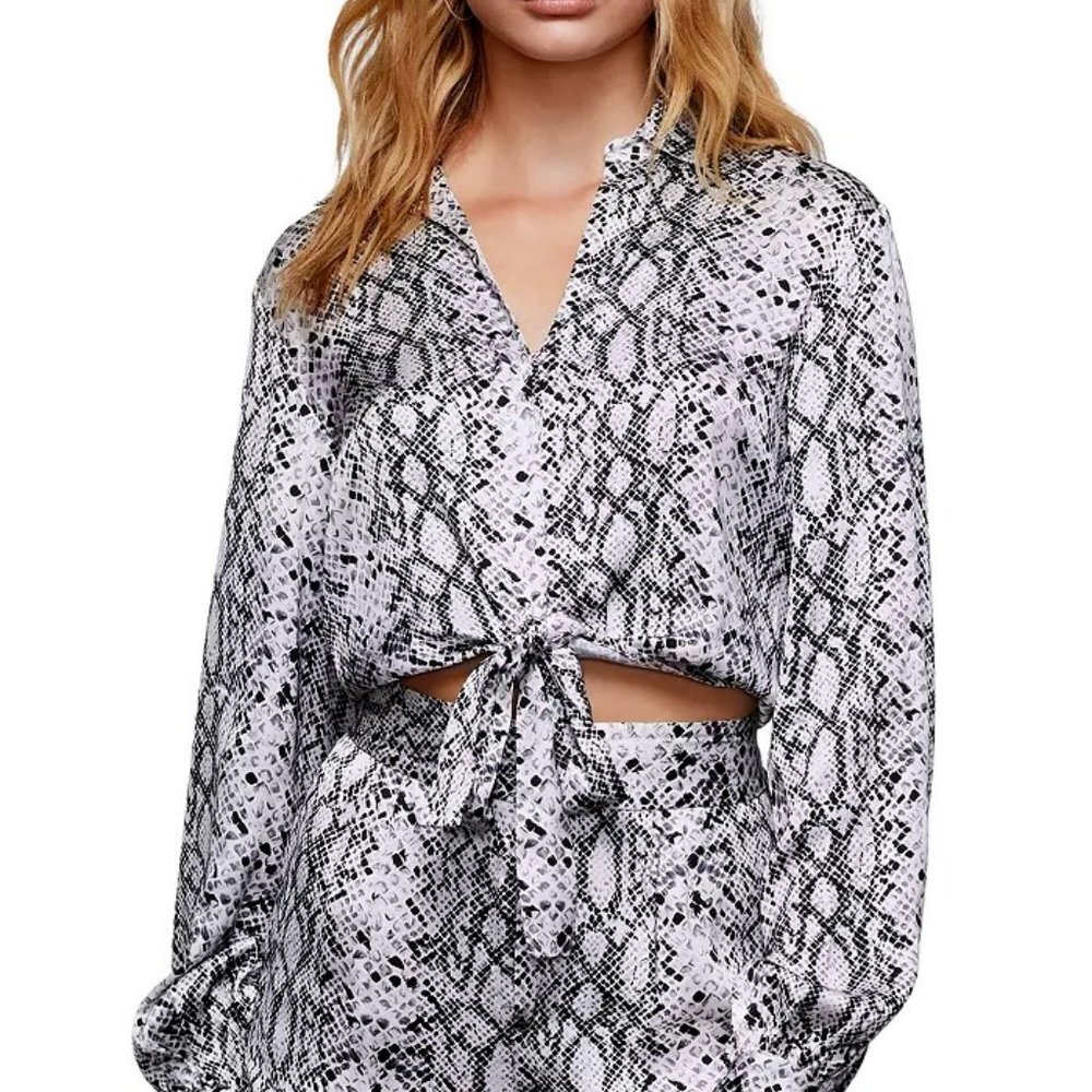 GOOD AMERICAN Purely Python Satin Button Down Tie Waist Blouse L NWT